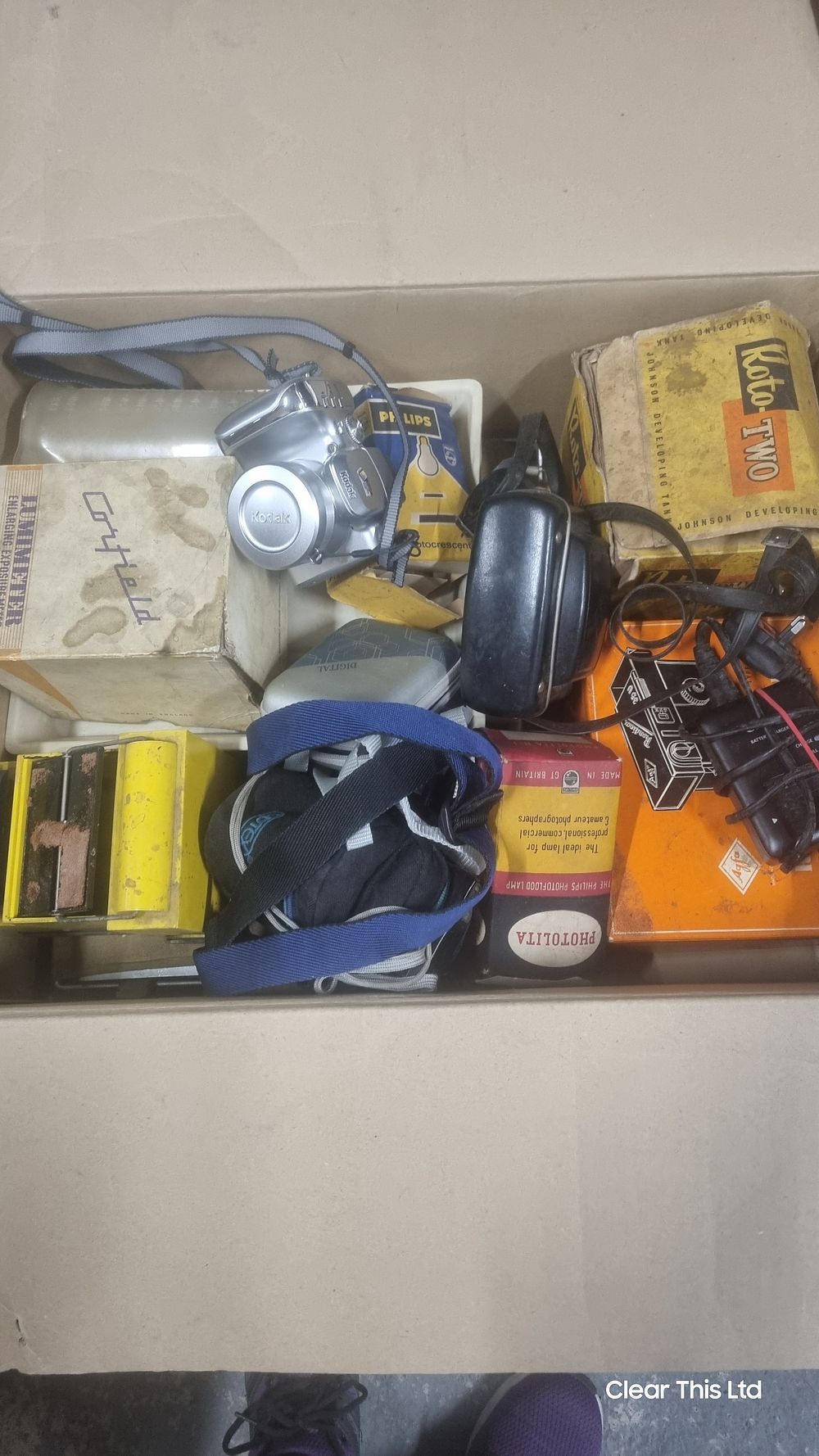 Lot 149: Box of vintage camera equipment and cameras