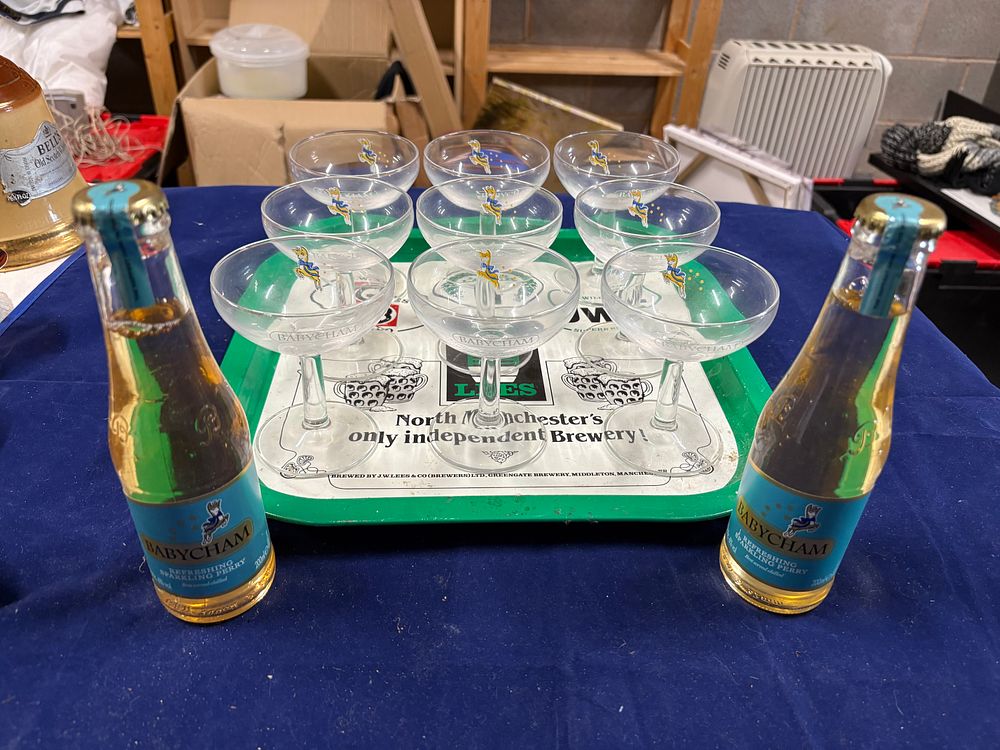 Lot 188: Nine Babycham Glasses on a Lees Pub Tray