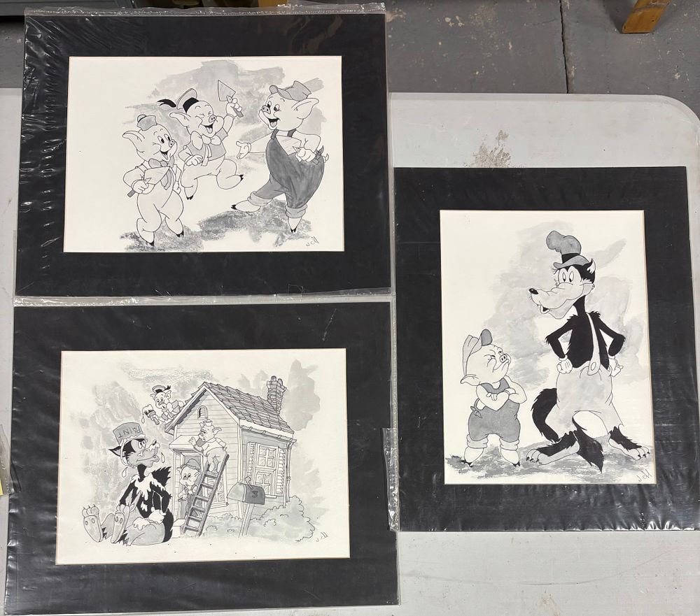 Lot 176: Three Signed Drawings with paint of Three Little Pigs