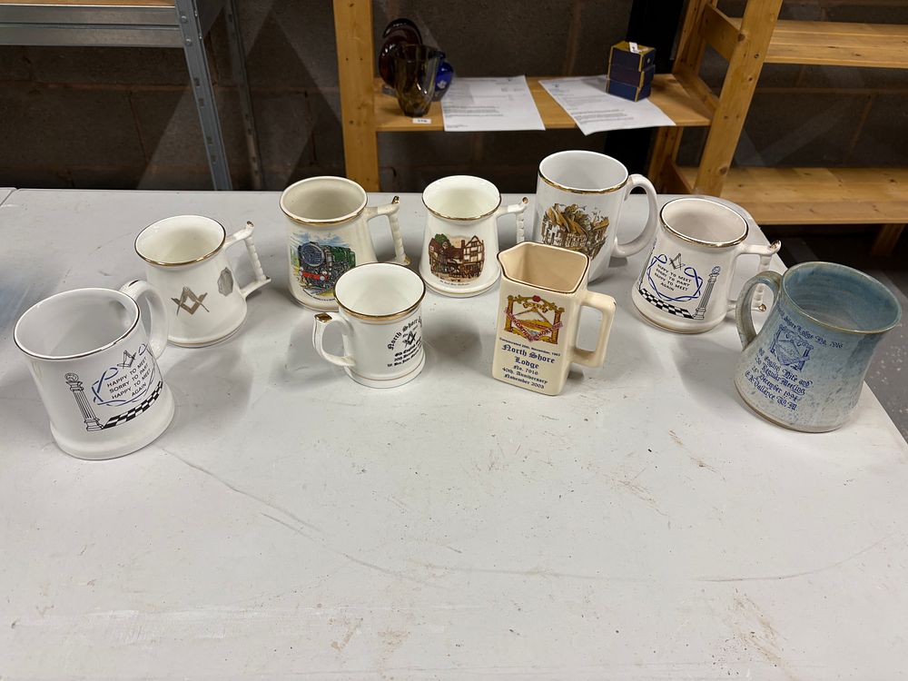 Lot 187: Eight Masonic Tankards and a Masonic Jug