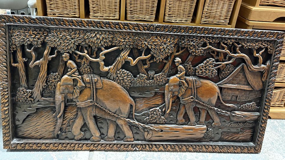 Lot 204: LARGE Intricately Carved Indian Elephant Scene.