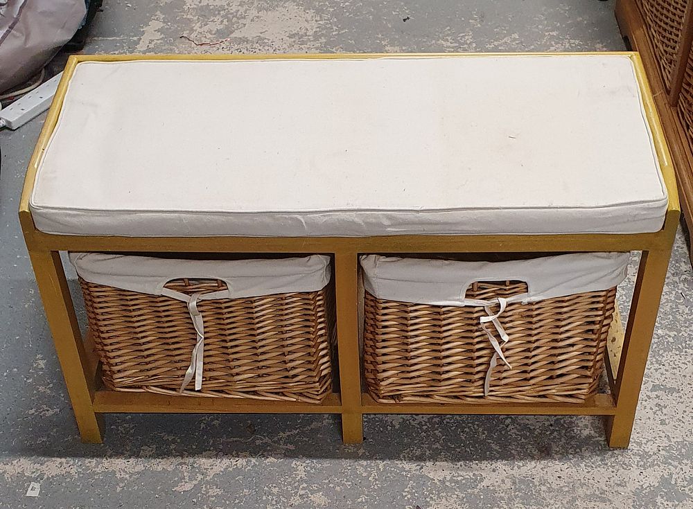 Lot 225: 2 basket wooden storage unit with seat