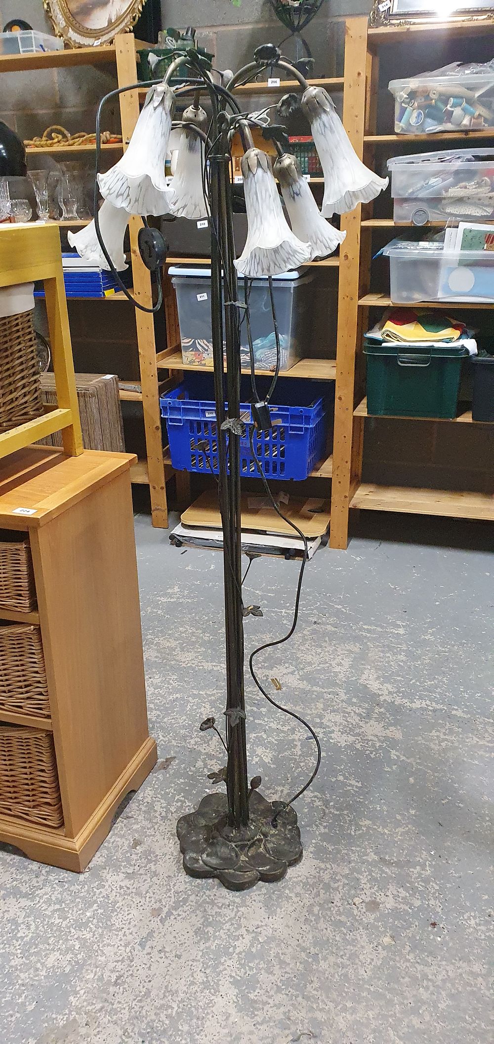 Lot 228: Art Nouveau floor standing lamp with 6 lovely Glass Shades