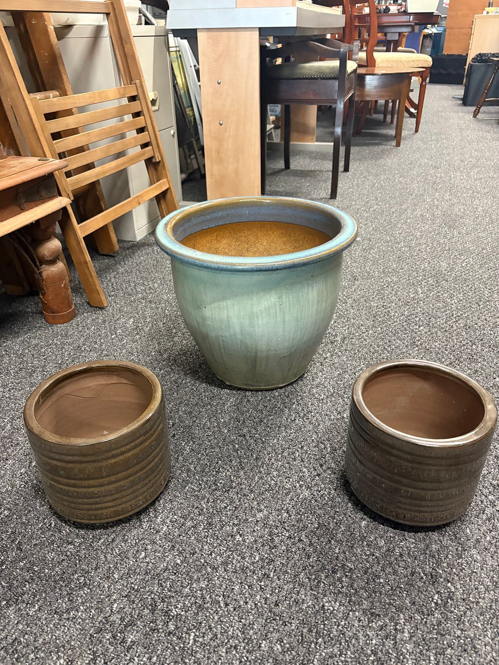 Lot 238: Large Blue Glazed Planter and a Pair of Smaller Salt Glazed ones