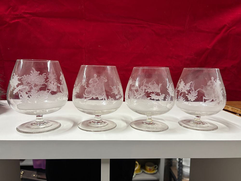 Lot 193: Set of 4 Etched Brandy Glasses