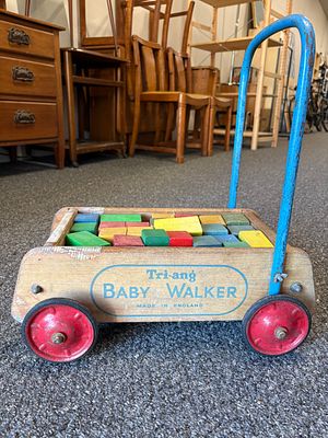 Vintage Tri-Ang Baby Walker. Complete with wooden building blocks