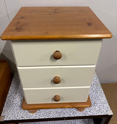 Pine topped 3 Drawer Bedside. As pictured