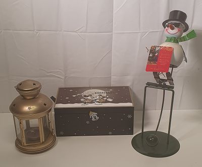 Small bundle of Christmas items. Includes lantern , Christmas keepsakes box and a rocking snowman