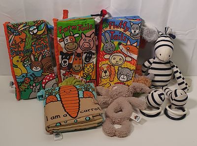 Jellycat bundle . 4 fabric Jellycat books and 2 Jellycat soft toys rattles