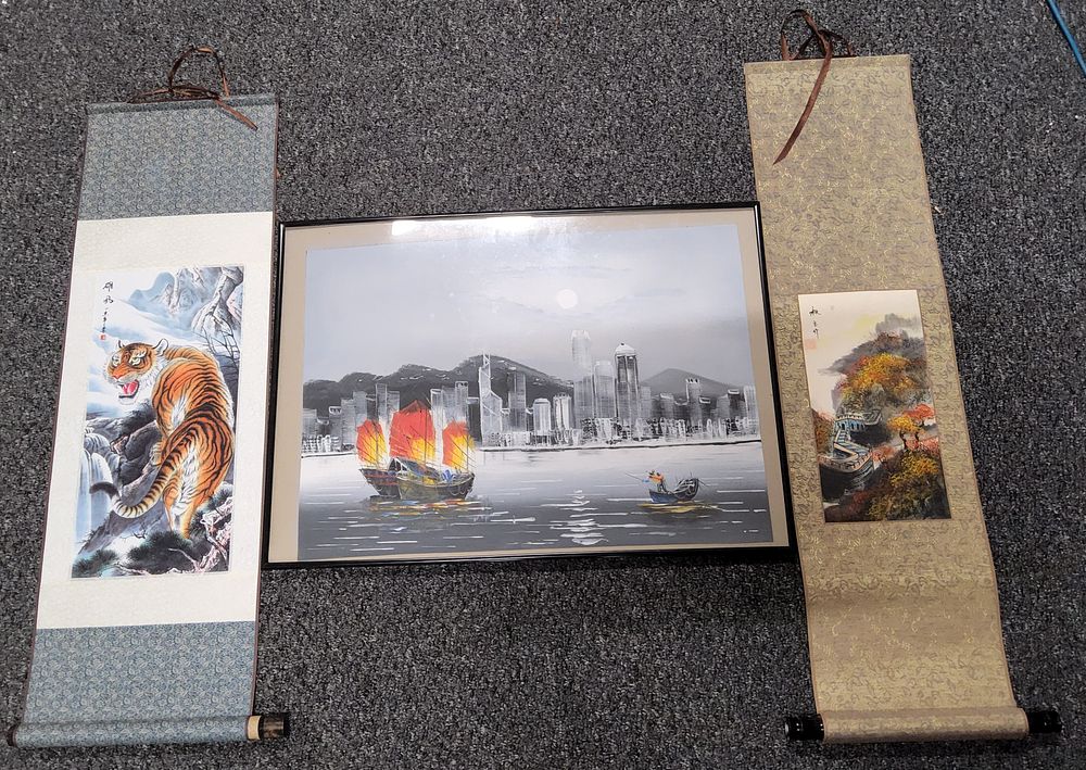 Lot 209: Pair of Chinese Screens "Tiger" & "Great Wall".
"Harbour scene" Print.