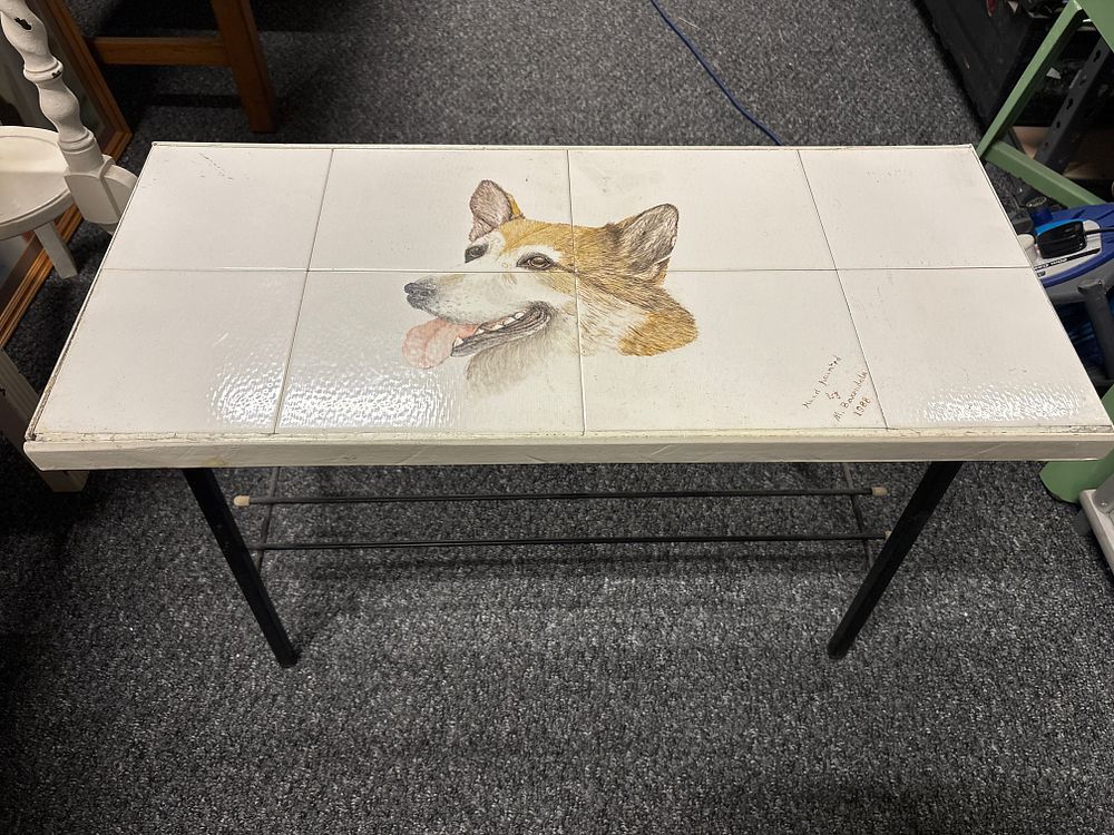 Lot 129a: Small Tile Topped Coffee Table With Handpainted Dog