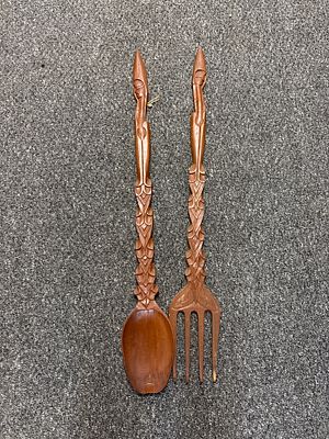 Very Large Wooden Fork and Spoon. Approx 3ft long Spoon has a chip in the bowl