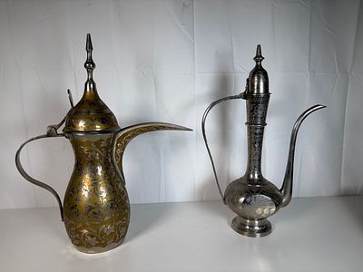 Two Asian Metal Coffee Pots. Intricately Decorated. Standing approx 13 inches tall