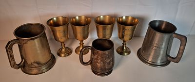Set of 4 goblets and 3 tankards. Includes brass and pewter