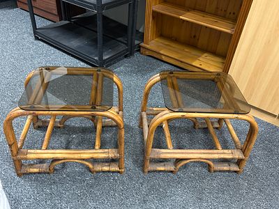 Pair of Bamboo Glass Topped Side Tables . As Pictured