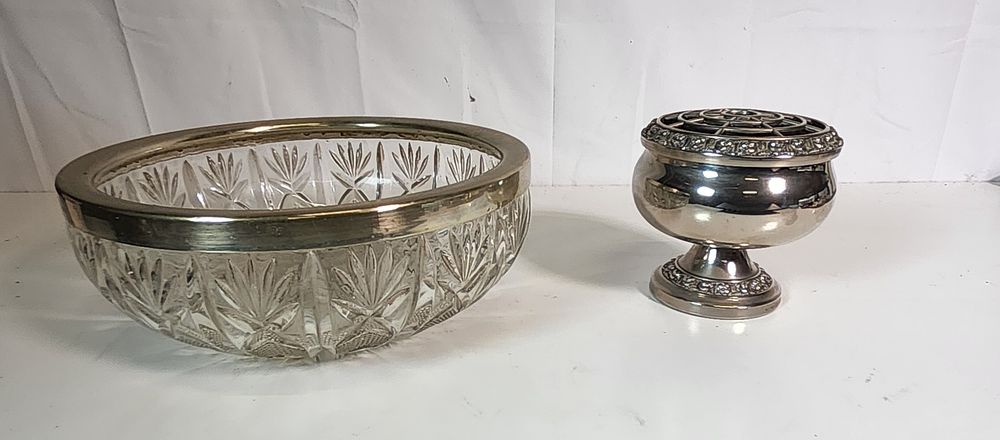 Lot 210: Vintage cut crystal bowl with a silver-plated rim and a smaller matching posy vase or rose bowl. 