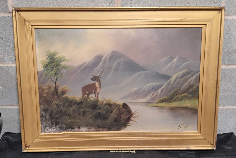 Lot 246: Victorian Large painting of a Stag in the Glens.. (35" x 25").