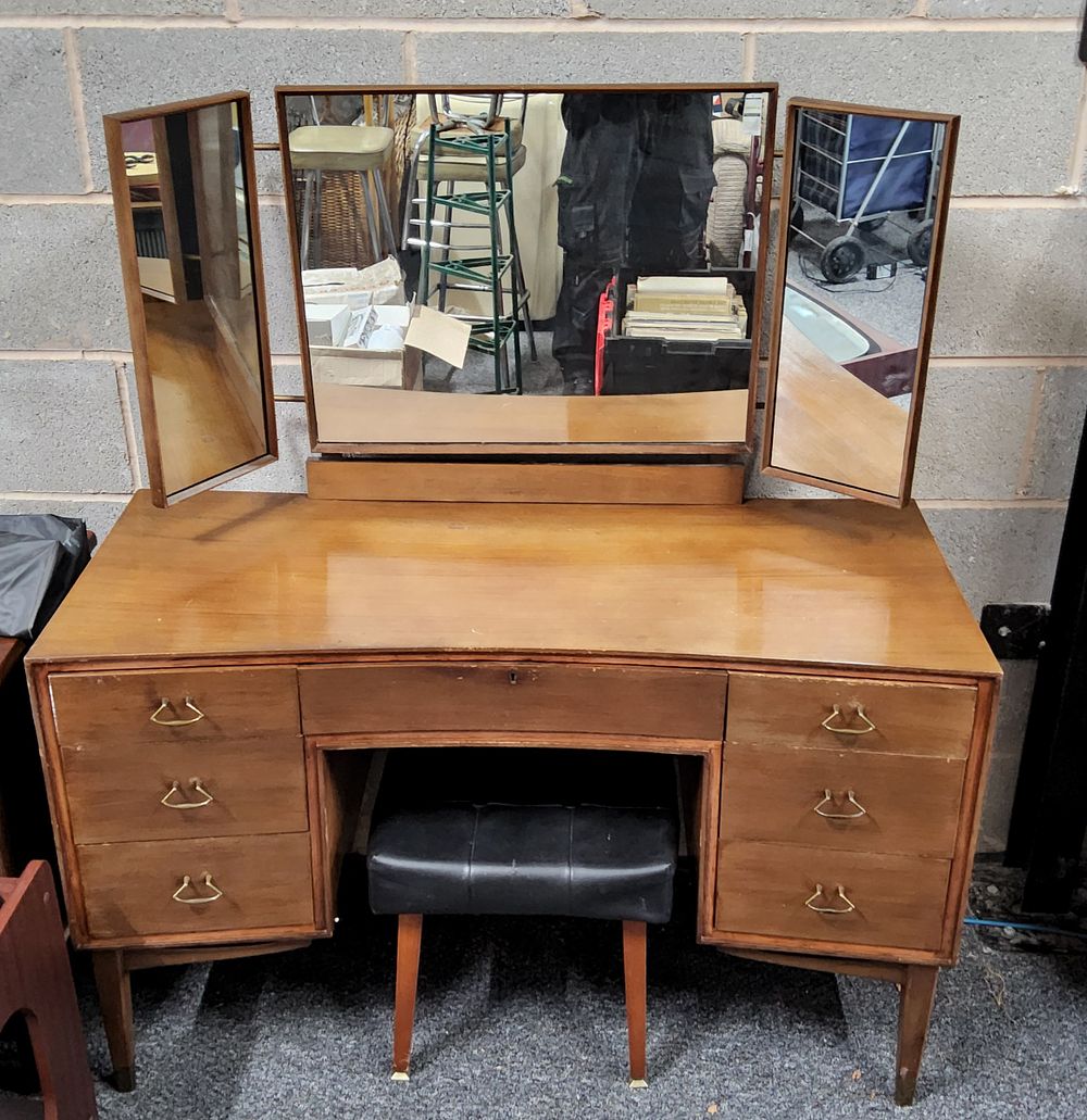 Lot 250: Mid Century Modern "Wrighton" unit furniture, Triple-Mirrored Dressing Table with stool.