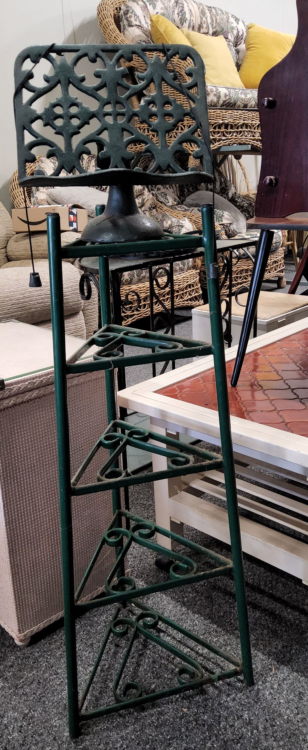 Lot 259: Cast iron green Recipe Book Stand & Pot Stand.
Pot stand 33" Hieght.