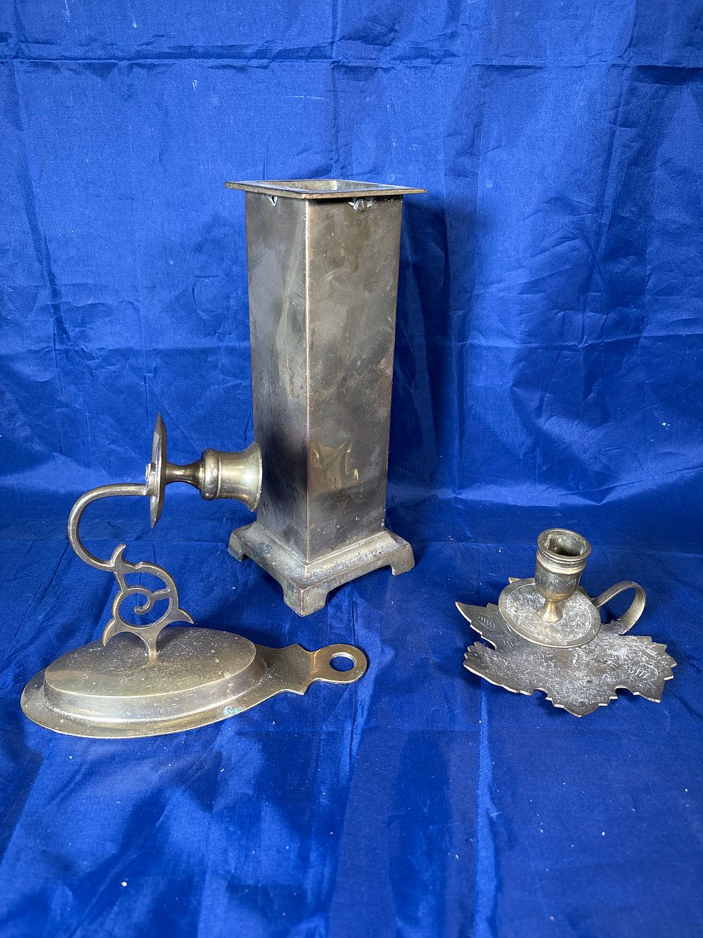 Lot 173: Brass Poker Stand and Two Candle Holders