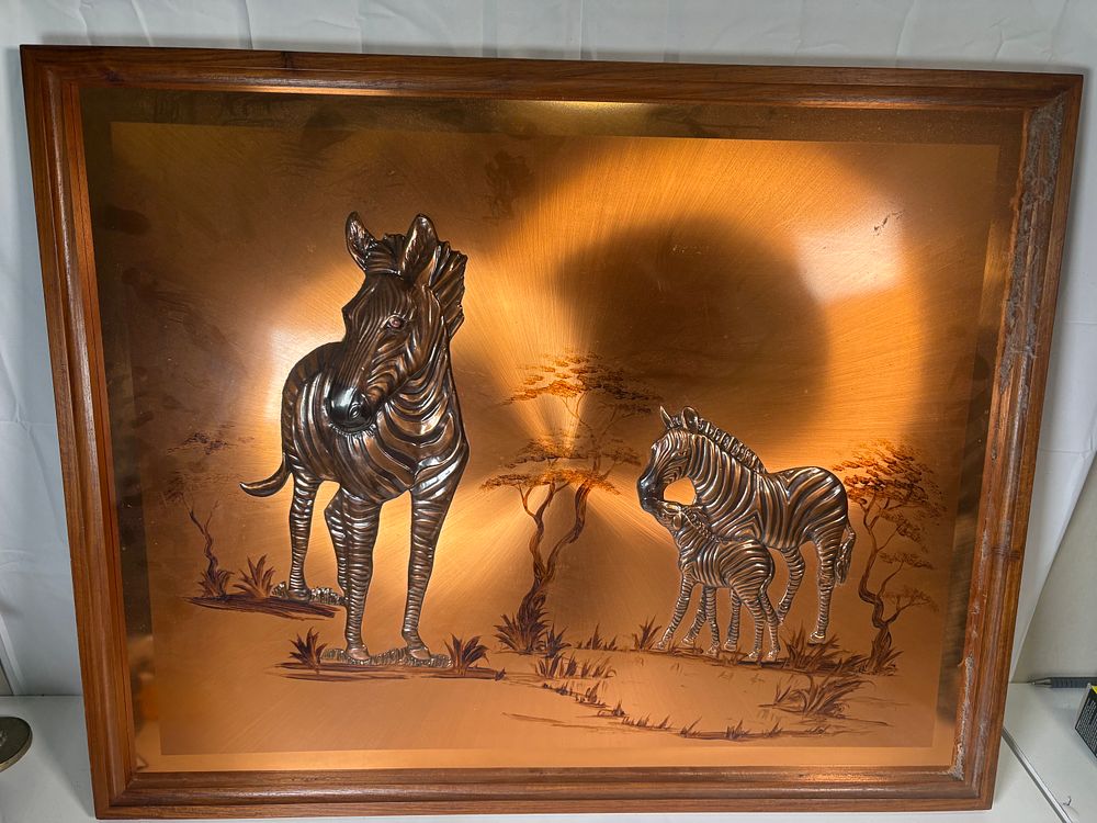 Lot 180: Large Pure Copper Framed Zebra Artwork