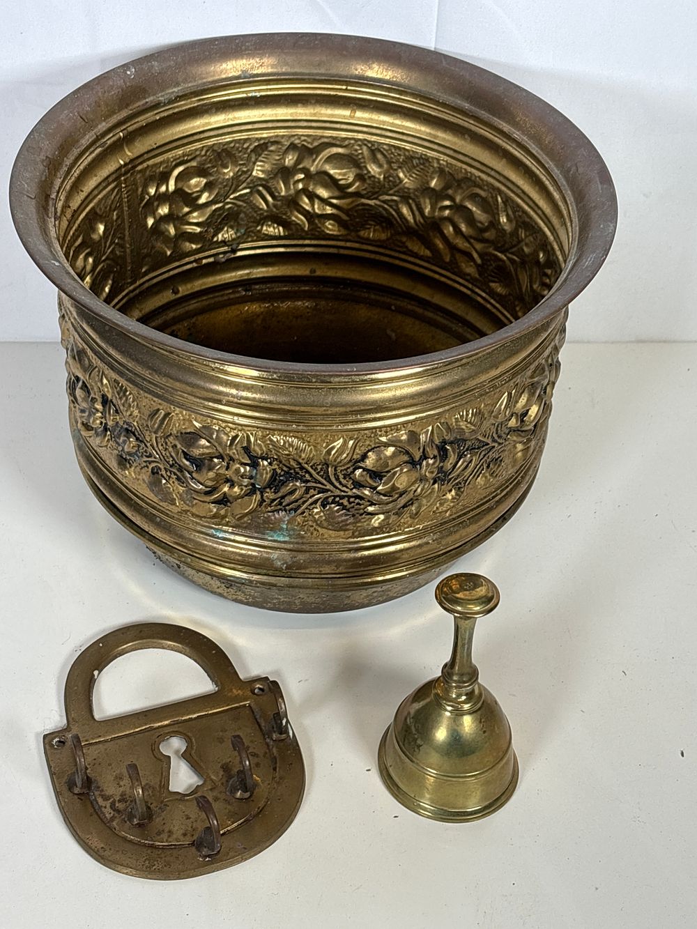 Lot 186: Brass Bell , Brass Planter and Brass Padlock Key Holder