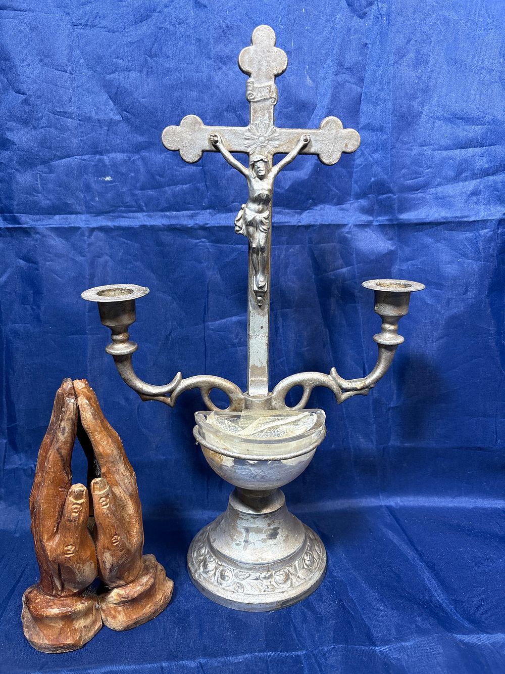Lot 280: Vintage Alter Crucifix Candle Hilder With Holy Water Dish and a Pair of wood praying hands