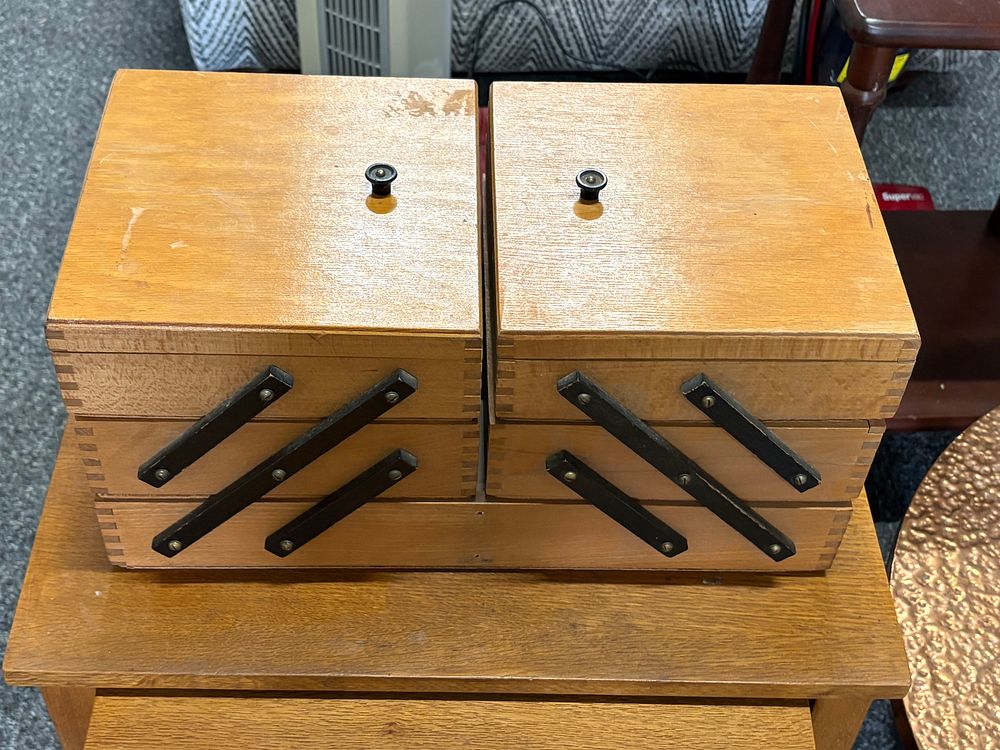 Lot 356: Wooden Cantilever Sewing / Craft Box
