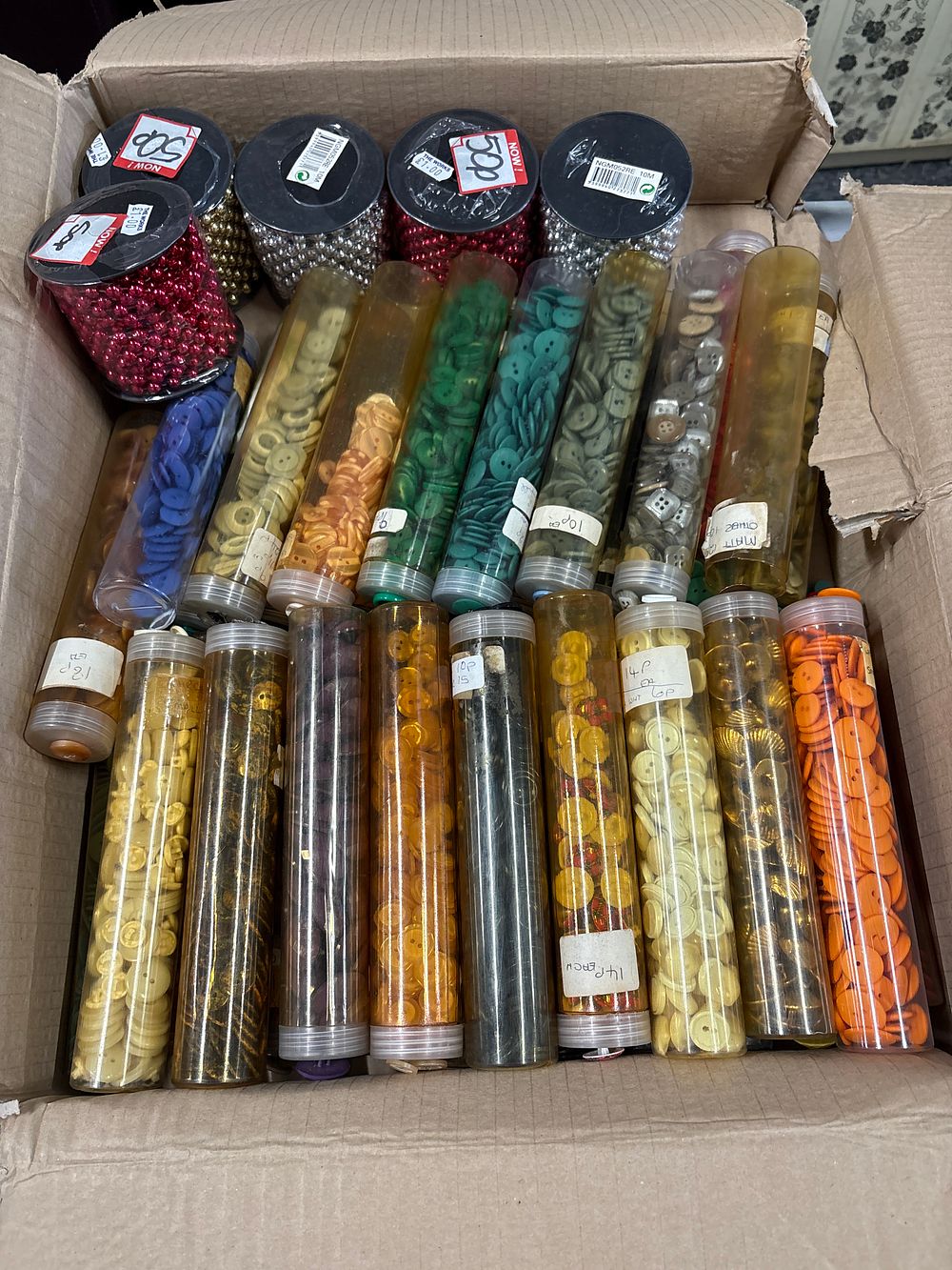 Lot 361: Box of Sorted Buttons in tubes by style and colour