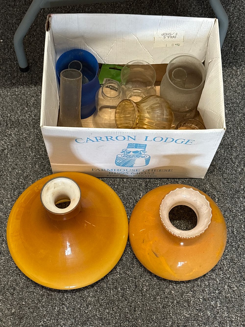 Lot 385: Box of Shades and Chinmeys for lamps