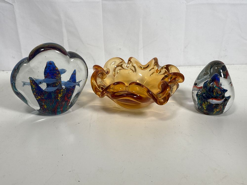 Lot 158: Amber Glass Murano Style Bowl and Two Paperweights