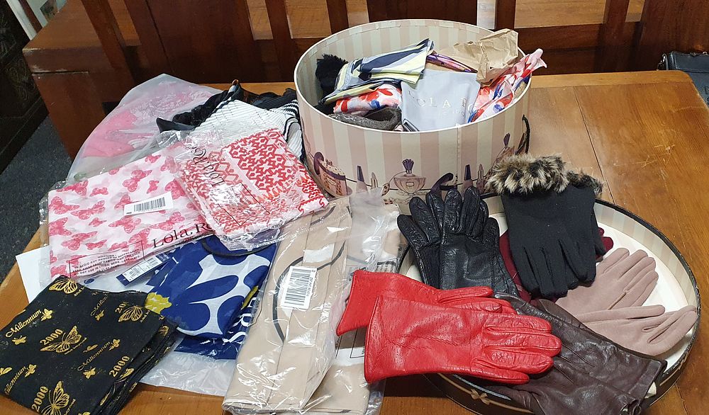 Lot 246: Hat box containing a large selection of scarves and gloves