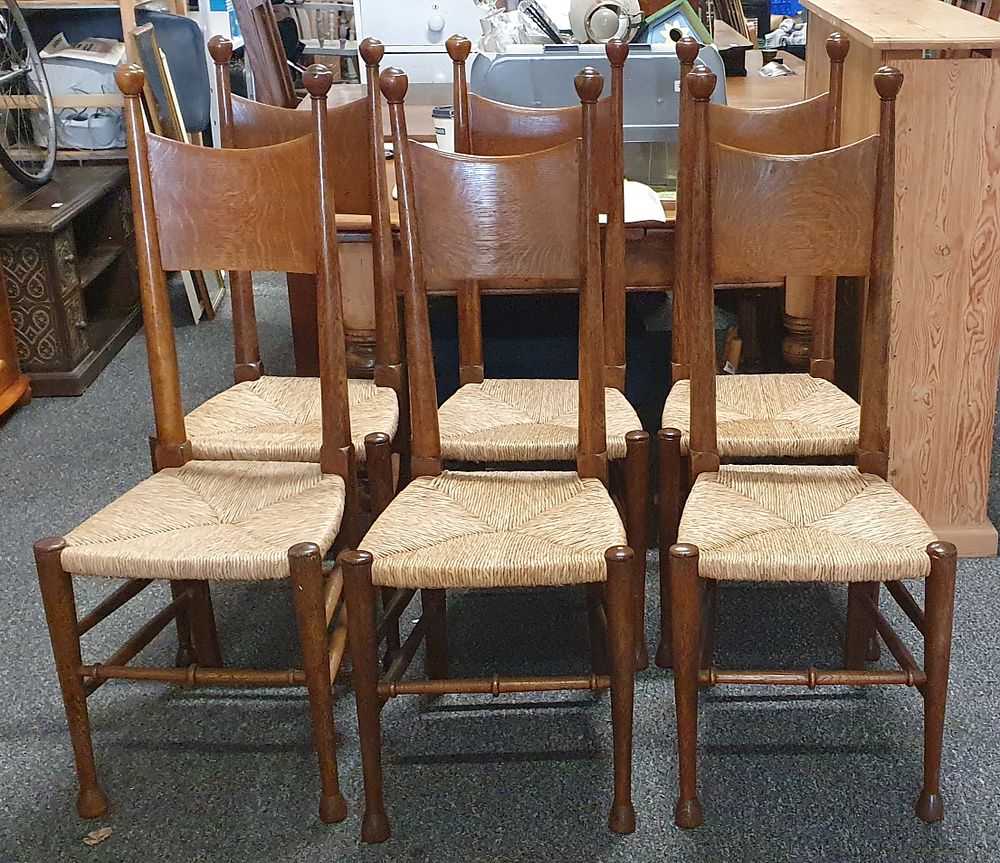 Lot 254: Set of 6 Antique oak rush seat chairs