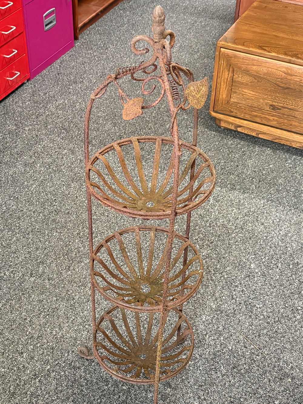 Lot 255a: Rustic Wrought Iron 3 Tier Plant Stand ( more rusty than rustic )