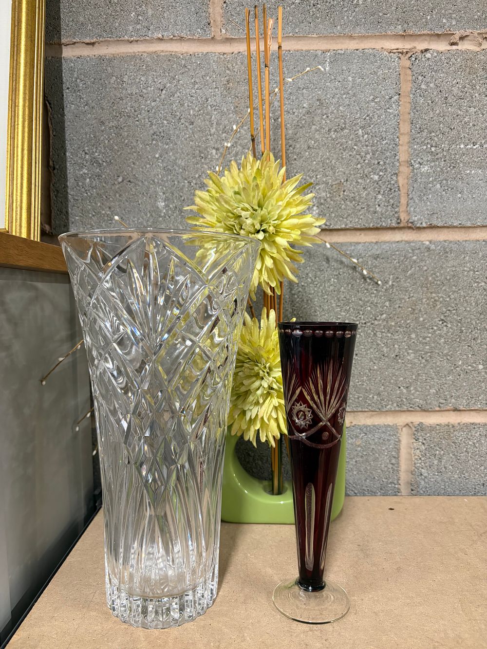 Lot 165: Large Lead Crystal Vase 11 inches tall , Red Glass Vase 9 inches
