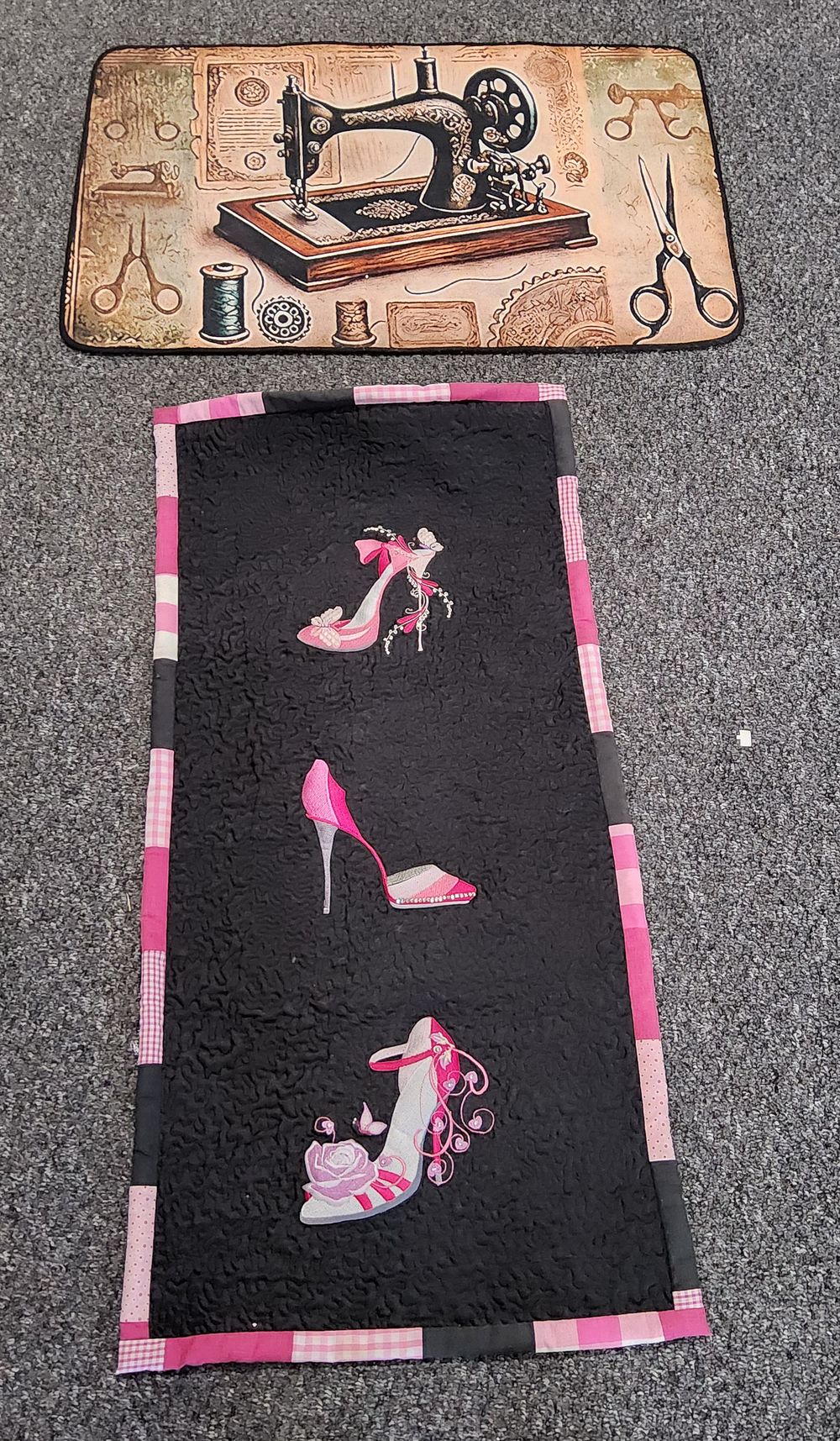 Lot 198: "Sewing" themed mat & embroidered "Shoes" wall hanging.