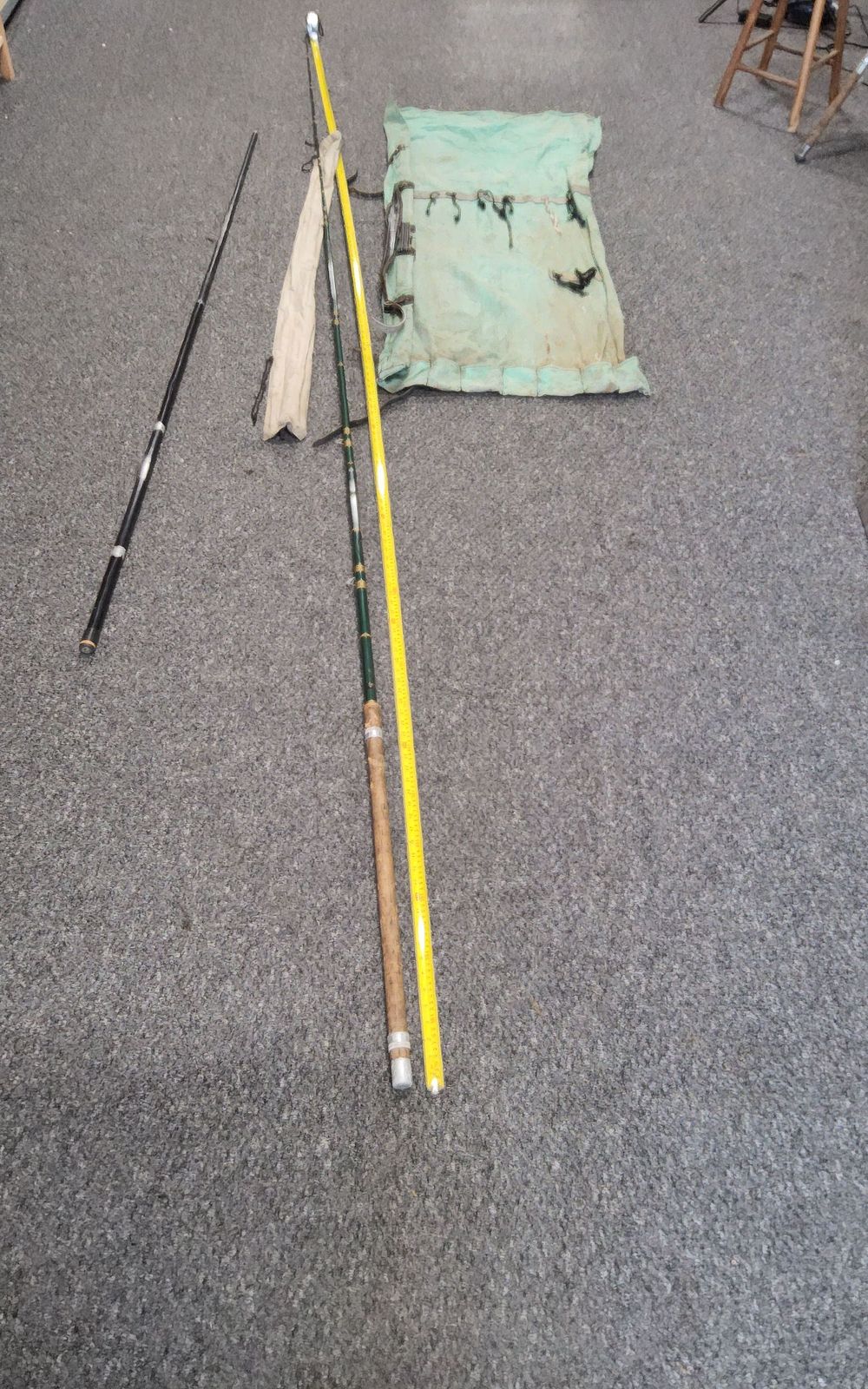Lot 225: 12 ft 10" 3 piece fishing rod with rod bag, canvas roll up fishing bag and a telescopic landing pole.