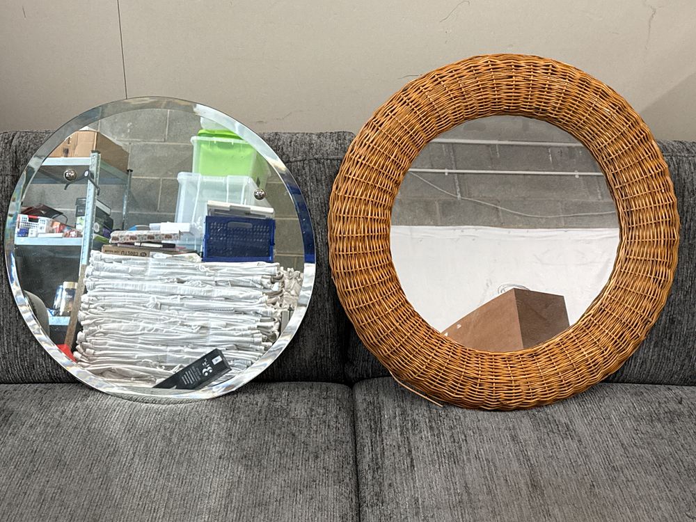 Lot 153: Vintage Frameless Bevelled Mirror and a Wicker Framed Mirror