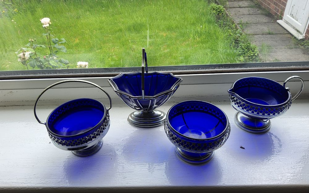 Lot 224: English cobalt blue glass and sliver plated dishes 1970's