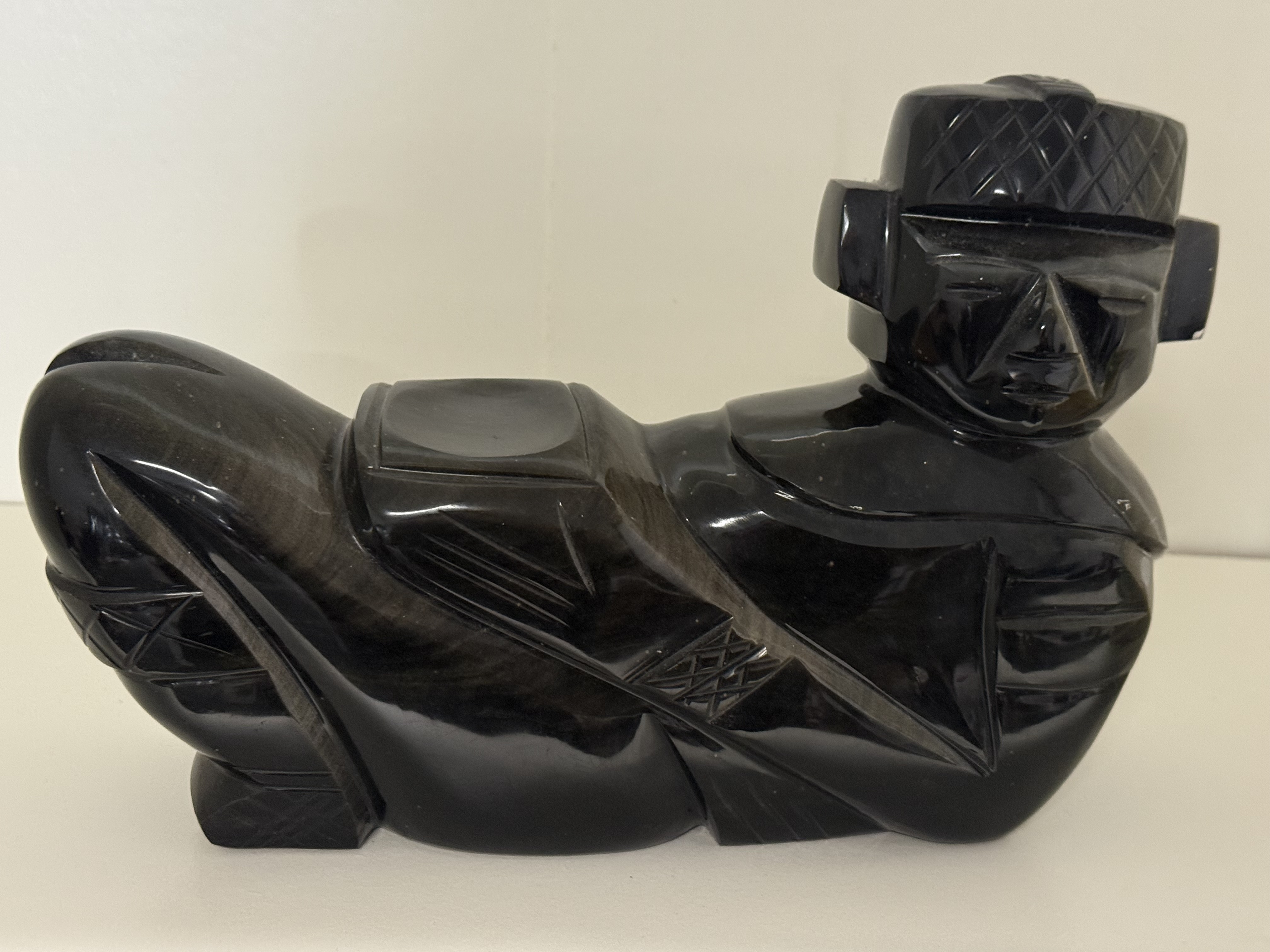 Mexican Carved Gold Sheen Obsidian Chacmool Reclining Figure