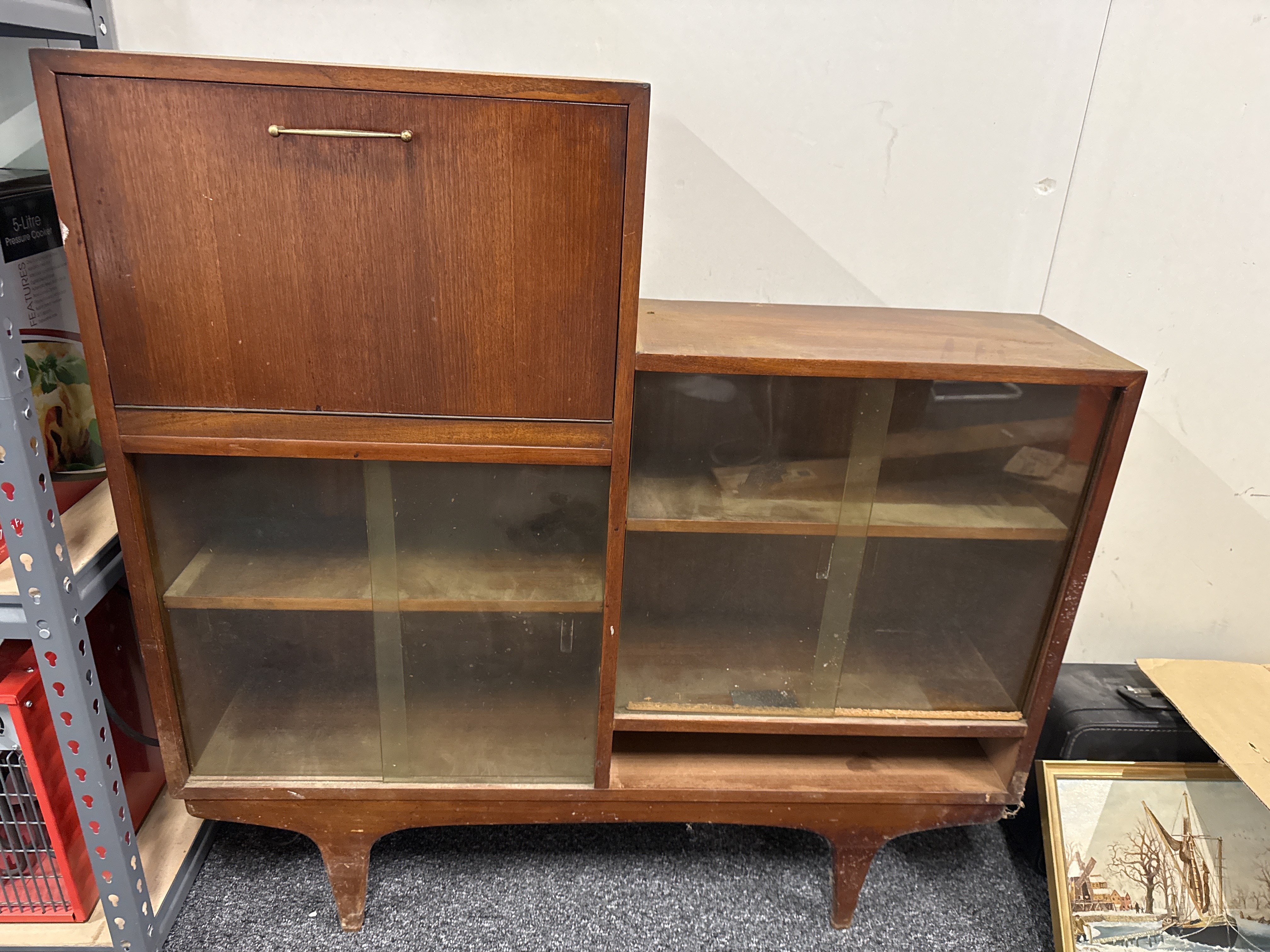 Mid-century modern asymmetric wood veneer cocktail cabinet with glazed doors