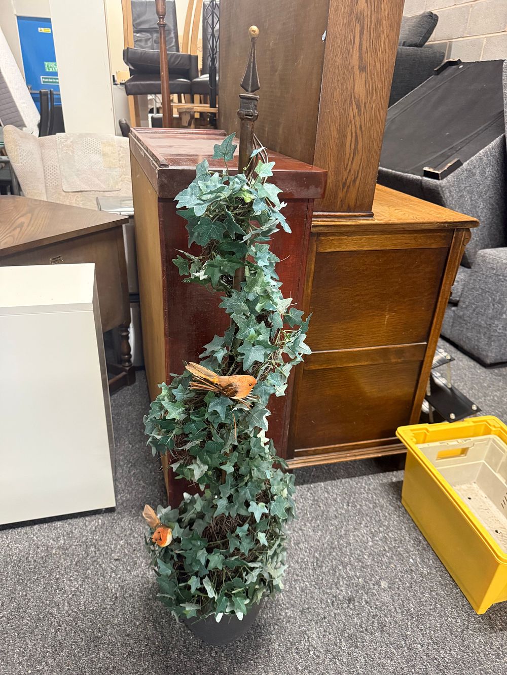Lot 108: Artificial Ivy Topiary Arrangement with Finial and Bird Figures