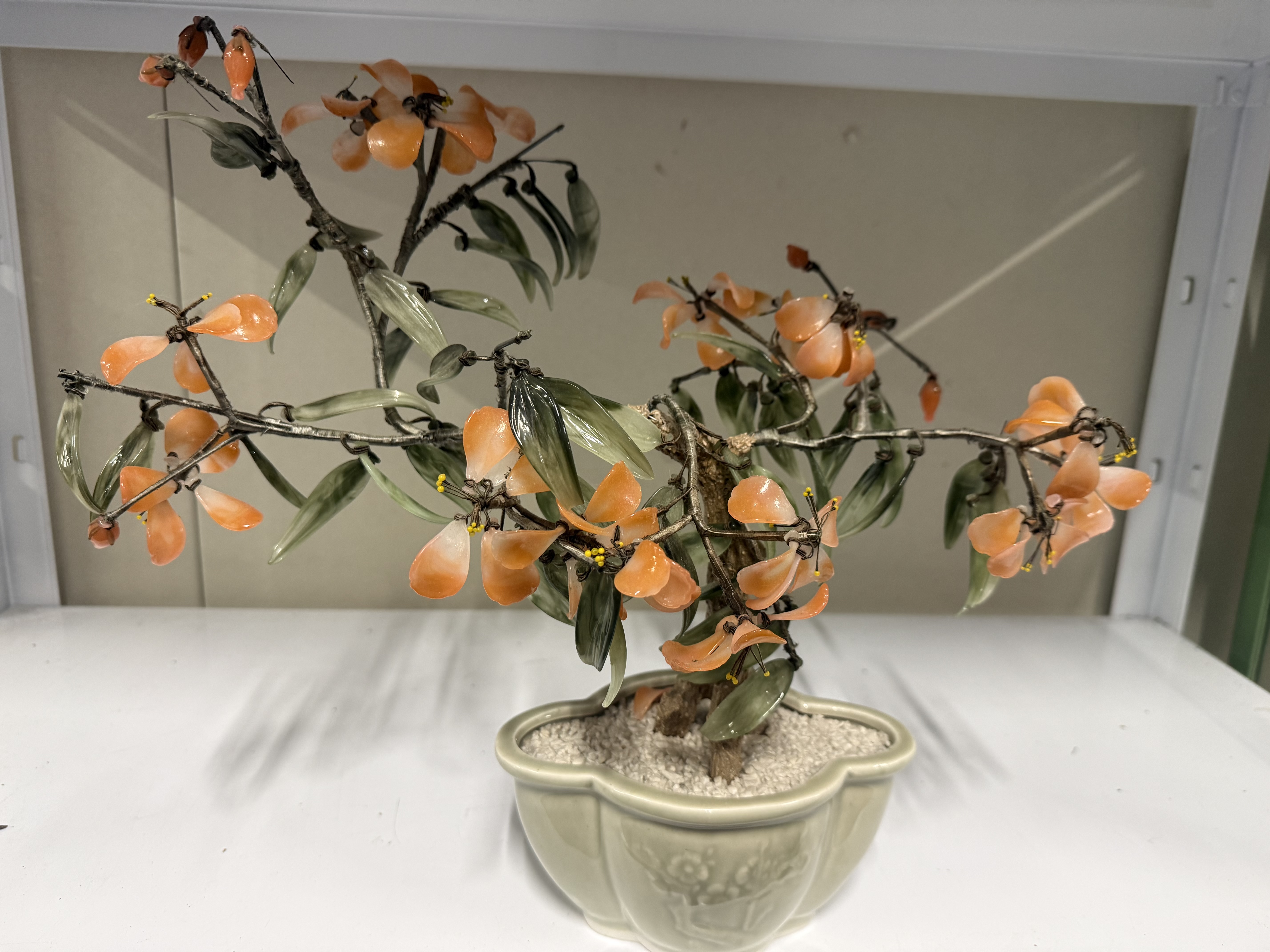 Chinese Carved Hardstone Bonsai Tree in Celadon Planter