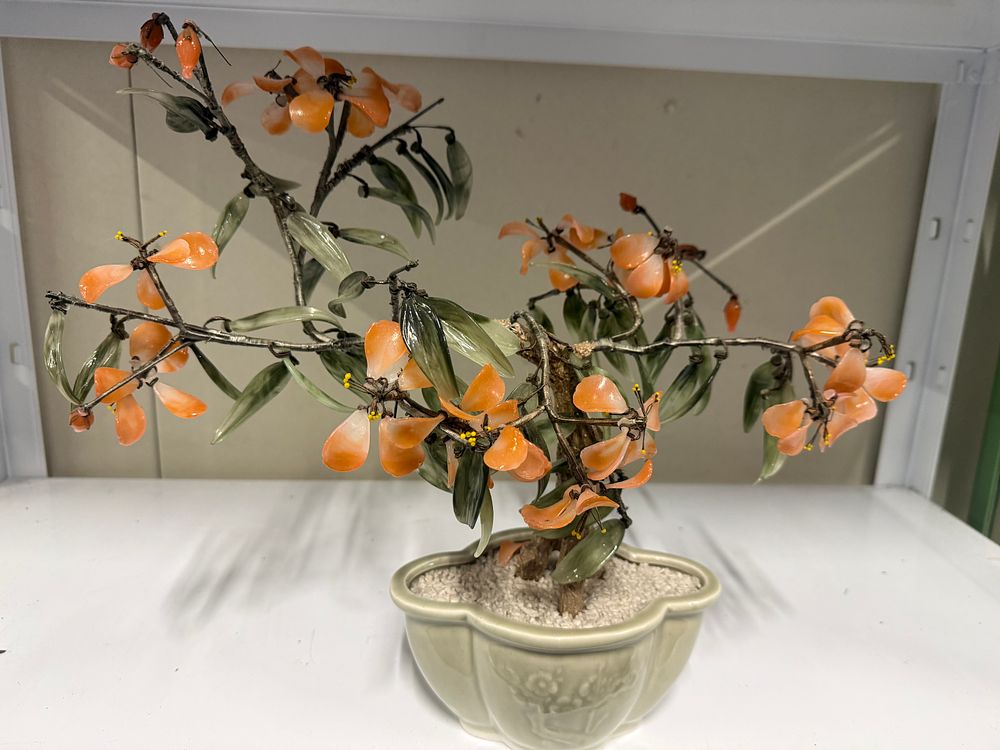 Lot 109: Chinese Carved Hardstone Bonsai Tree in Celadon Planter
