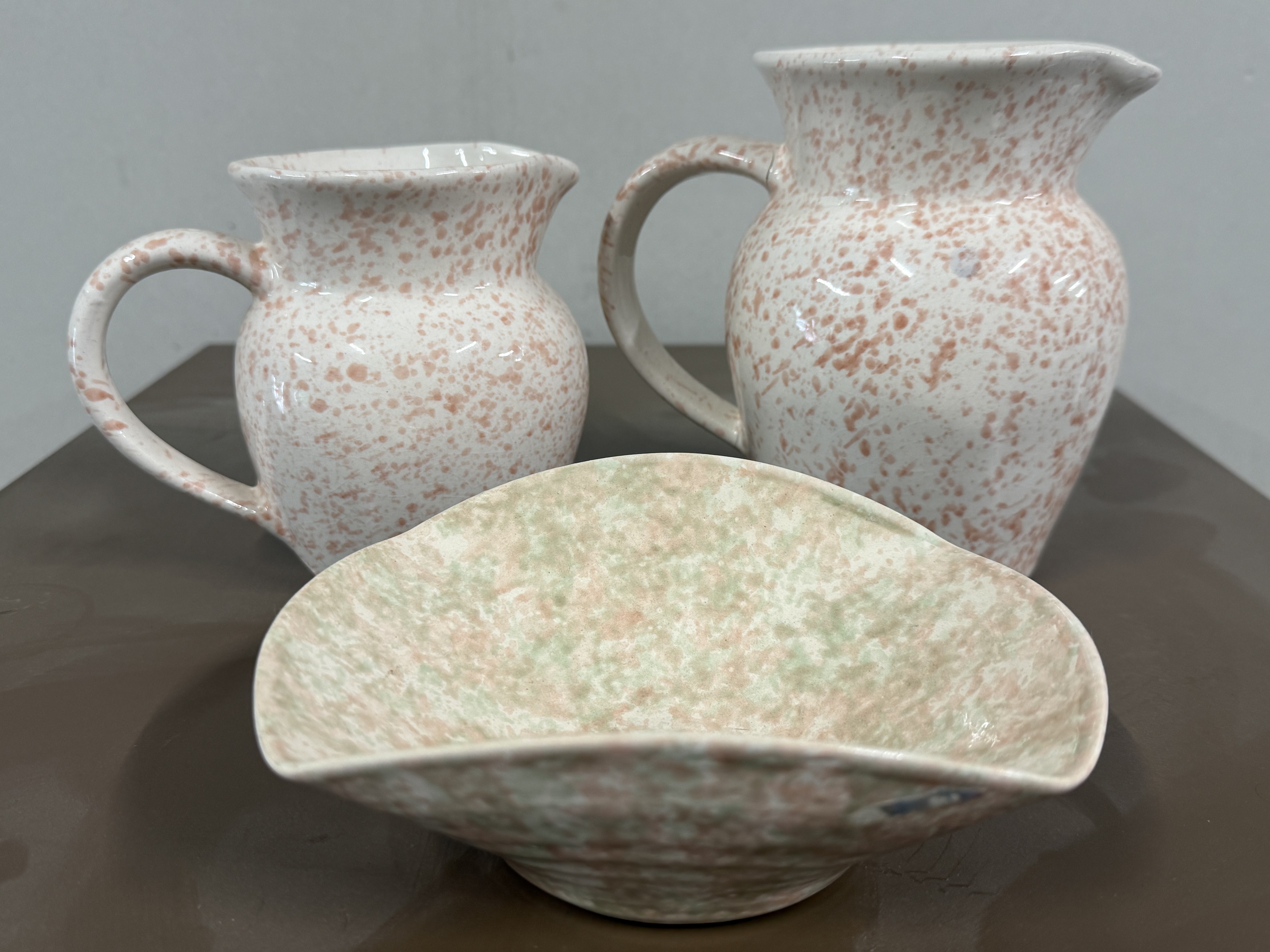 A Trio of Coral and Green Spongeware Ceramic Tableware