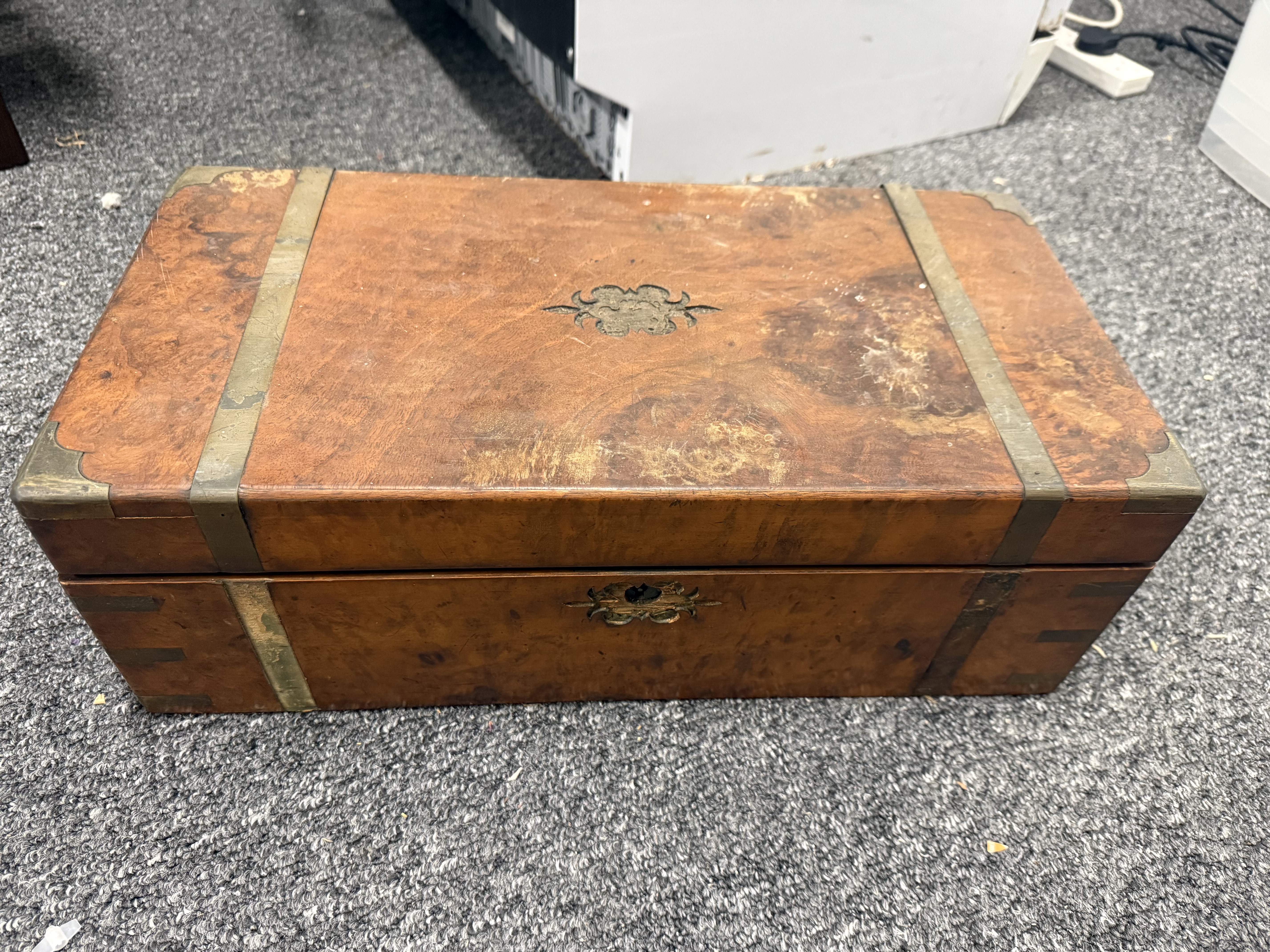 Victorian burr walnut and brass-bound writing slope