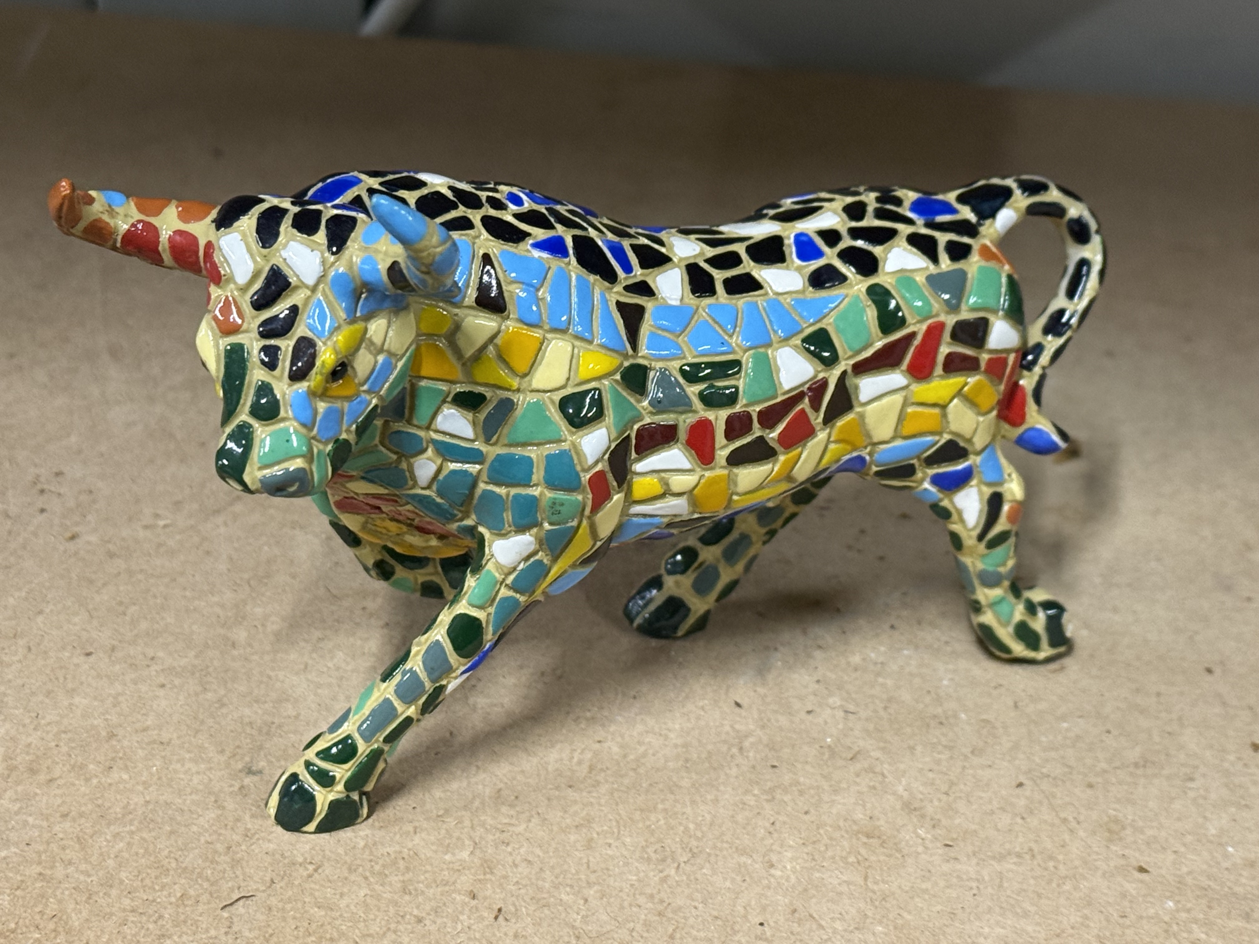 A Barcino Designs Spanish Mosaic Charging Bull Figurine