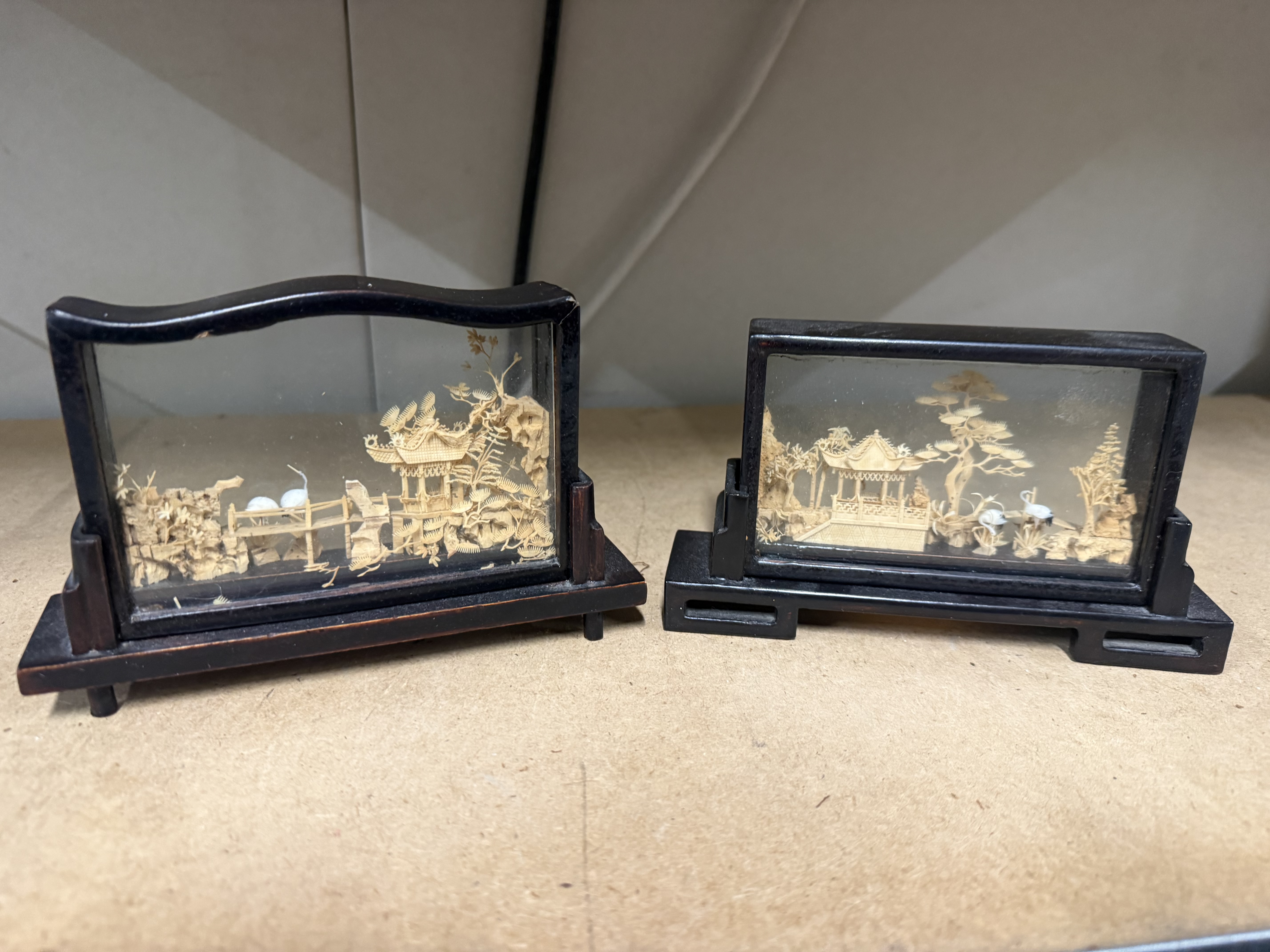 A Pair of Vintage Chinese Carved Cork Landscape Dioramas
