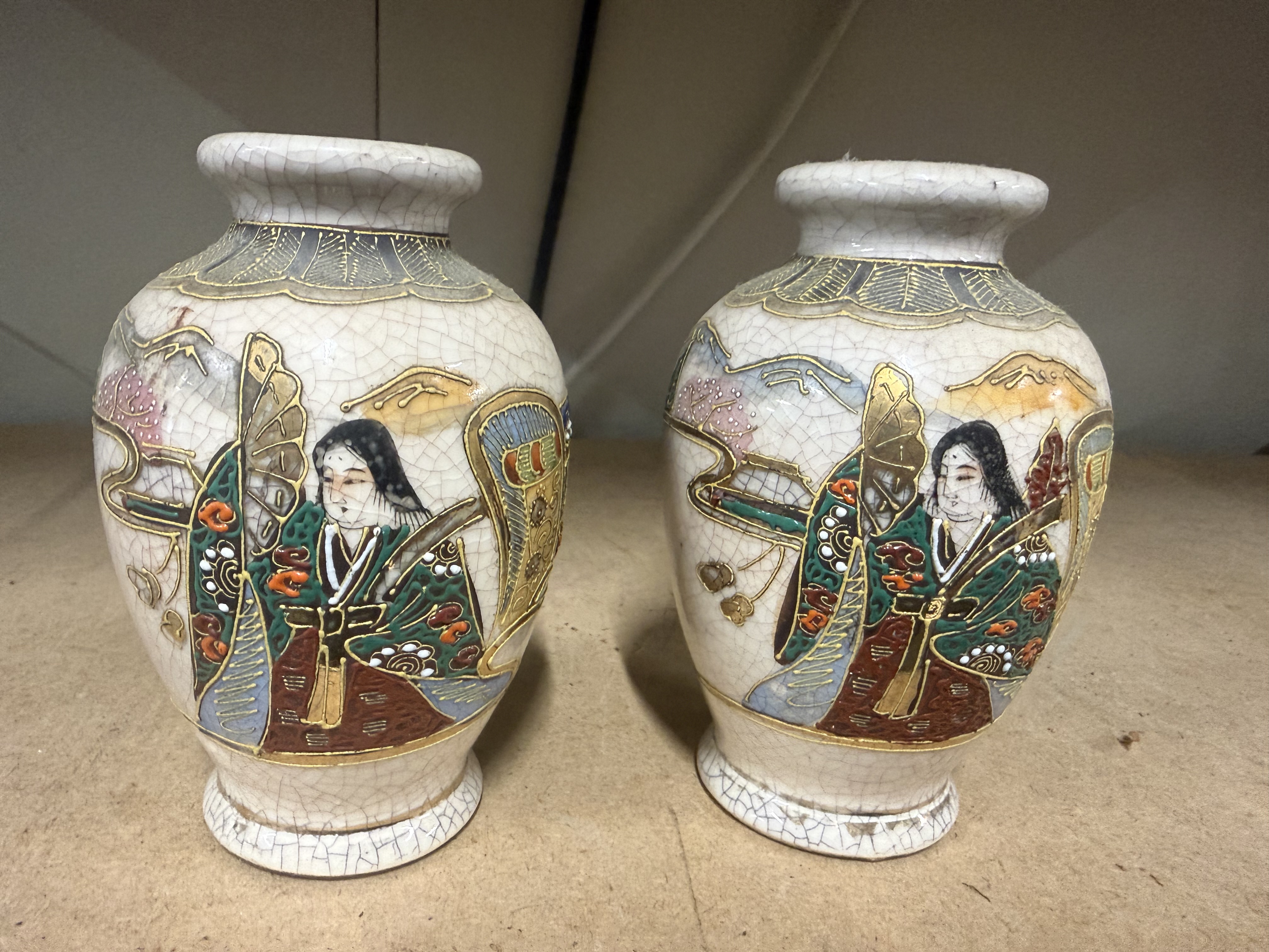 A Pair of Japanese Satsuma Style Moriage Miniature Vases