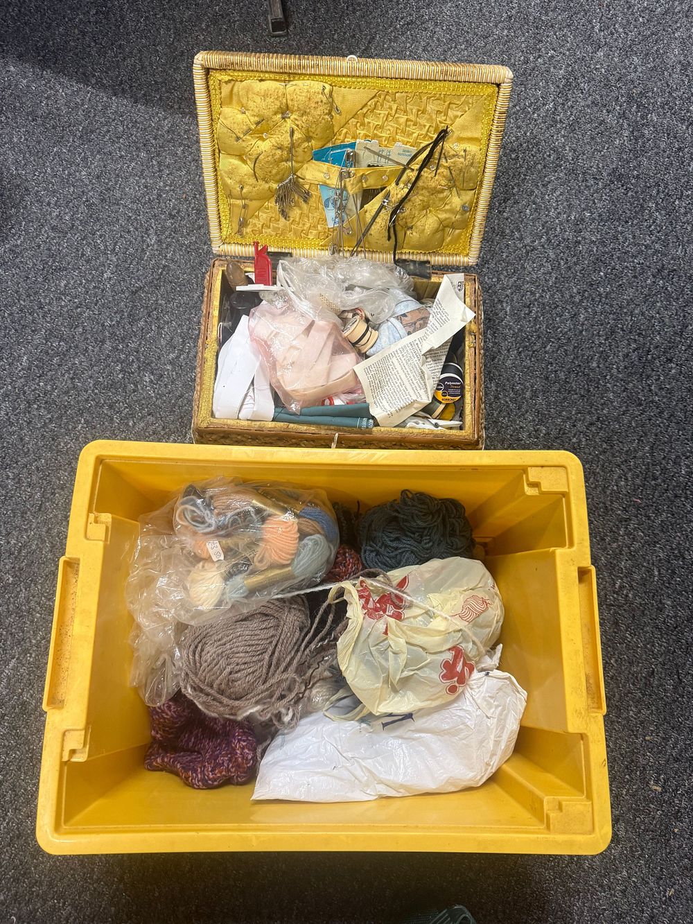 Lot 185: An assortment of craft supplies and vintage sewing basket